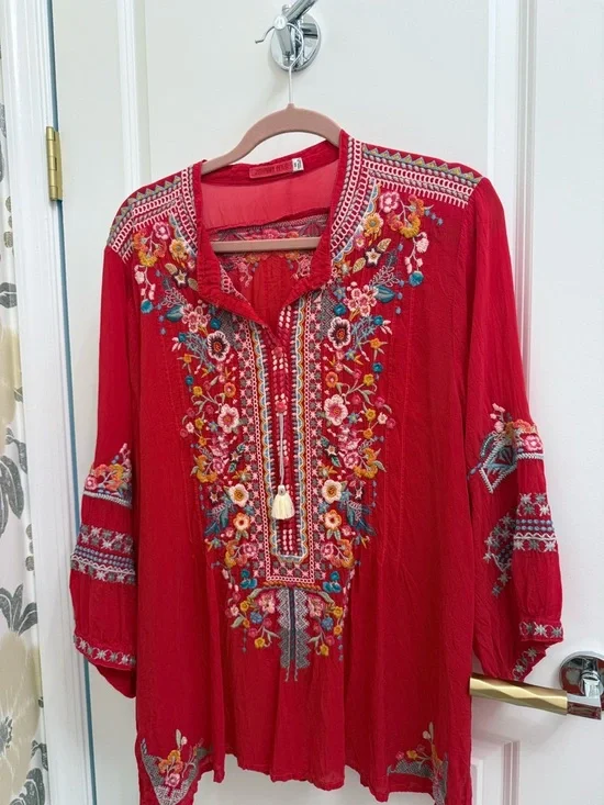 Johnny Was Crimson Red Embroidered Boho Tunic - Picture 1 of 3